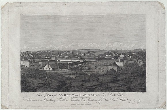 Title: bView of part of Sydney, the capital of New South Wales. Taken from Dawes's Point. | Date: 1812 | Technique: b'engraving, printed in black ink, from one copper plate'