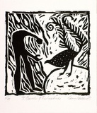 Artist: b'Warren, Guy.' | Title: b'St. Francis and the Lyrebird.' | Date: 1987 | Technique: b'linocut, printed in black ink, from one block'