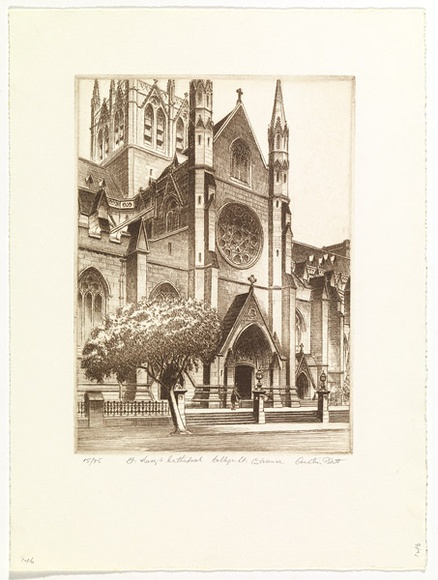 Artist: b'PLATT, Austin' | Title: b'St Marys Cathederal, College St entrance' | Date: 1978 | Technique: b'etching, printed in black ink, from one plate'