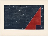 Title: not titled [purple square on red triangle on blue background with white dots] | Date: 1989 | Technique: woodcut, printed in colour, from three blocks