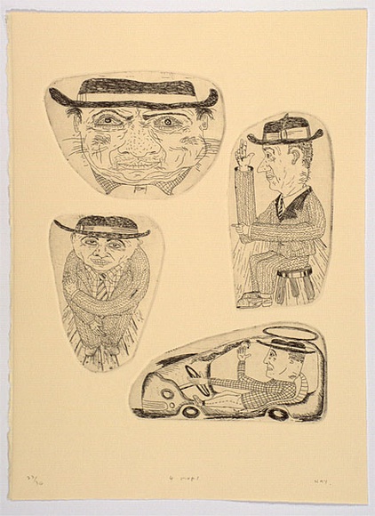 Artist: b'Hay, Bill.' | Title: b'4 mugs' | Date: 1993 | Technique: b'etching, printed in black ink, from four plates'