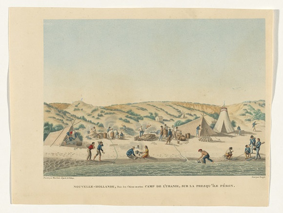 Title: bNouvelle-Hollande, Baie des Chiens marins. Camp de l'Uranie, sur la Presqu'\xc3\xaele P\xc3\xa9ron. [New Holland, Shark Bay. Camp of the Uranie on the Peron Peninsula.] | Date: 1825 | Technique: b'engraving, printed in black ink, from one copper plate; hand-coloured'