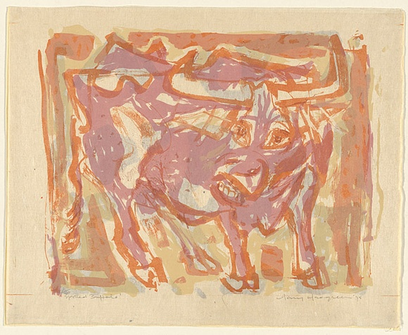 Artist: b'MACQUEEN, Mary' | Title: b'Spotted buffalo' | Date: 1975 | Technique: b'lithograph, printed in colour on recto and verso, from multiple plates' | Copyright: b'Courtesy Paulette Calhoun, for the estate of Mary Macqueen'