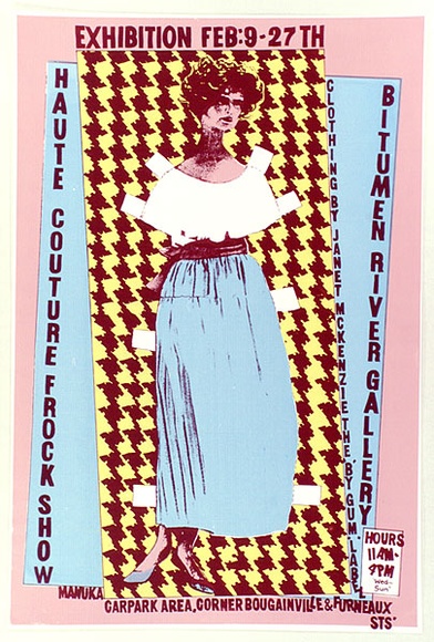 Artist: b'Church, Julia.' | Title: b'Haute Couture Frock Show. Bitumen River Gallery.' | Date: 1983 | Technique: b'screenprint, printed in colour, from multiple stencils'