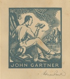Artist: FEINT, Adrian | Title: Bookplate: John Gartner. | Date: (1938) | Technique: wood-engraving, printed in blue ink, from one block | Copyright: Courtesy the Estate of Adrian Feint