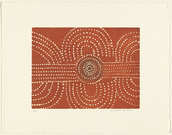 Artist: b'Jones Kngwarrey, Lennie.' | Title: b'not titled' | Date: 2001 | Technique: b'etching and aquatint, printed in ochre ink, from one plate'