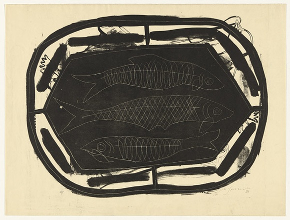 Artist: b'SELLBACH, Udo' | Title: b'(Fish on a plate)' | Date: 1953 | Technique: b'lithograph, printed in black ink, from one stone [or plate]'