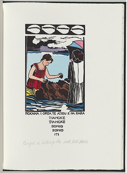Artist: b'White, Robin.' | Title: b'Not titled (Brigid is hitting the rock that bleeds).' | Date: 1985 | Technique: b'woodcut, printed in black ink, from one block; handcoloured'