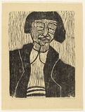 Artist: b'HANRAHAN, Barbara' | Title: b'Girl in a cardigan' | Date: 1962 | Technique: b'woodcut, printed in black ink, from one block'