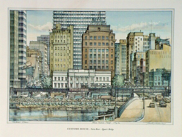 Artist: b'Freedman, Harold.' | Title: b'Customs House - Yarra River - Queens Bridge.' | Date: 1962 | Technique: b'lithograph, printed in black ink; hand-tinted'