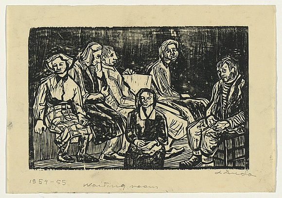 Artist: b'Groblicka, Lidia.' | Title: b'The waiting room' | Date: 1954-55 | Technique: b'woodcut, printed in black ink, from one block'