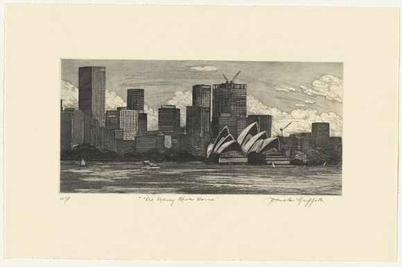 Artist: b'GRIFFITH, Pamela' | Title: b'The Sydney Opera House' | Date: 1988 | Technique: b'hardground-etching and aquatint, printed in black ink, from one copper plate' | Copyright: b'\xc2\xa9 Pamela Griffith'