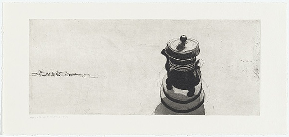 Artist: b'Crawford, Marian.' | Title: b'not titled [pot in foreground with village in the distance]' | Date: 1995 | Technique: b'etching, printed in black ink, from one plate'