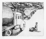Artist: Davidson, Jo. | Title: Logging Trucks and Drummer. | Date: 1989 | Technique: etching, printed in black ink, from one plate | Copyright: © Jo Davidson. Licensed by VISCOPY, Australia