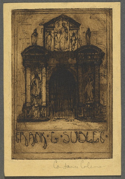 Artist: b'Coleman, Constance.' | Title: b'Bookplate: Frank G. Sublet.' | Date: 1940s | Technique: b'etching, printed in brown ink with plate-tone, from one plate'