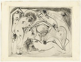 Artist: BOYD, Arthur | Title: Figures with pot, moth and lion. | Date: (1968-69) | Technique: etching, printed in black ink, from one plate | Copyright: Reproduced with permission of Bundanon Trust