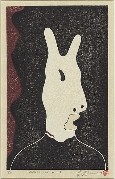 Artist: b'Harris, Brent.' | Title: b'Grotesquerie 10' | Date: 2002 | Technique: b'woodcut,  printed in three colours in the Japanese manner, from multiple blocks'