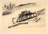 Artist: STREET, Mervyn | Title: Building paper bark house | Date: 1995, November | Technique: lithograph, printed in black ink, from one stone, with cream tint stone