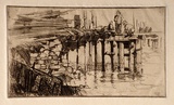 Artist: Baldwinson, Arthur. | Title: (Wharf with timber and workmen). | Date: 1931 | Technique: etching and aquatint, printed in dark brown ink with plate-tone, from one zinc plate