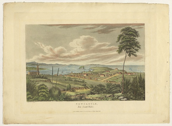 Artist: b'LYCETT, Joseph' | Title: b'Newcastle, New South Wales' | Date: 1824 | Technique: b'etching and aquatint, printed in black ink, from one copper plate; hand- coloured'