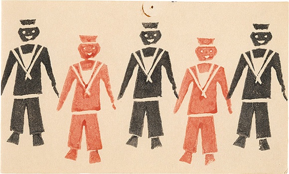 Artist: b'Northcott, Dawn.' | Title: b'Greeting card: (Black and red sailors)' | Date: c.1950 | Technique: b'potato-cut, printed in colour, from one block'