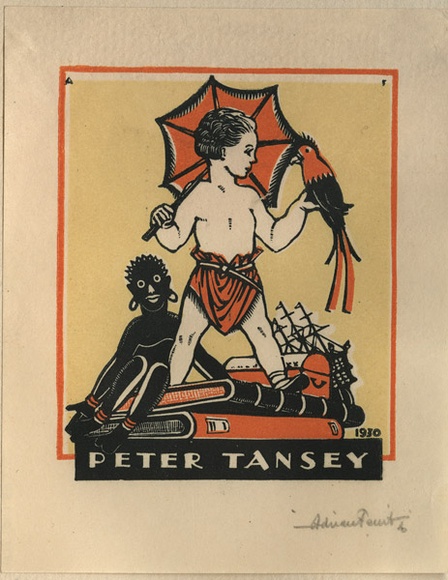 Artist: b'FEINT, Adrian' | Title: b'Bookplate: Peter Tansey.' | Date: (1930) | Technique: b'wood-engraving, printed in colour, from three blocks in black, brown and orange inks' | Copyright: b'Courtesy the Estate of Adrian Feint'