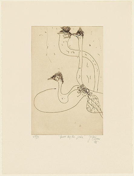 Artist: Olsen, John. | Title: Emus by the lake | Date: 1975 | Technique: etching, printed in brown ink with plate-tone, from one zinc plate | Copyright: © John Olsen. Licensed by VISCOPY, Australia