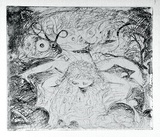 Artist: b'BOYD, Arthur' | Title: bNude washing in a creek with watching head and ram's head. | Date: (1962-63) | Technique: b'etching, printed in black ink, from one plate' | Copyright: b'Reproduced with permission of Bundanon Trust'