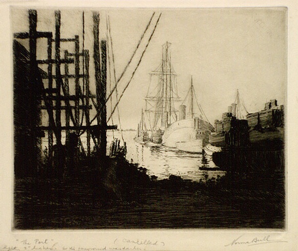 Artist: b'Bull, Norma C.' | Title: b'The Port.' | Date: c.1934 | Technique: b'etching, printed in black ink with plate-tone, from one plate'