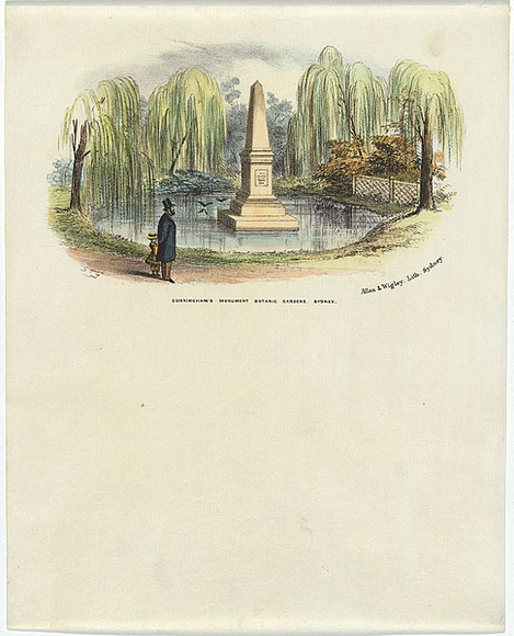 Artist: b'GILL, S.T.' | Title: bCunningham's monument, botanic gardens, Sydney. | Date: c.1855 | Technique: b'lithograph, printed in black ink, from one stone; hand-coloured'