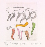 Artist: Fransella, Graham. | Title: Bridge of legs. | Date: 1980 | Technique: etching, printed in black ink, from one plate; hand-coloured | Copyright: Courtesy of the artist