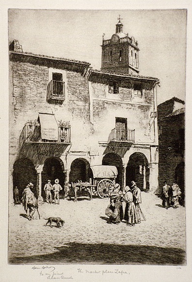 Artist: b'LINDSAY, Lionel' | Title: b'In Zafra Market, Spain' | Date: 1929 | Technique: b'etching, printed in brown ink with plate-tone, from one plate' | Copyright: b'Courtesy of the National Library of Australia'