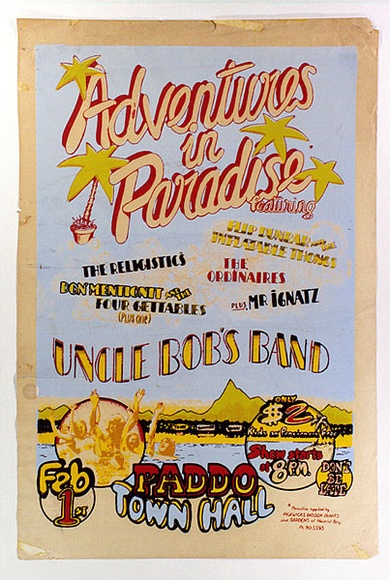 Artist: b'EARTHWORKS POSTER COLLECTIVE' | Title: b'Adventures in paradise... Paddo Town Hall.' | Date: (1976) | Technique: b'screenprint, printed in colour, from multiple stencils'