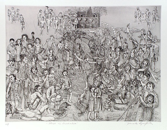 Artist: b'GRIFFITH, Pamela' | Title: b'Alice in Australia' | Date: 1989 | Technique: b'hard ground, aquatint , printed in black ink, from one copper plate' | Copyright: b'\xc2\xa9 Pamela Griffith'