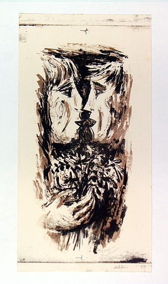 Artist: b'MACQUEEN, Mary' | Title: b'Lovers' | Date: 1957 | Technique: b'lithograph, printed in colour, from two plates in black and brown ink' | Copyright: b'Courtesy Paulette Calhoun, for the estate of Mary Macqueen'