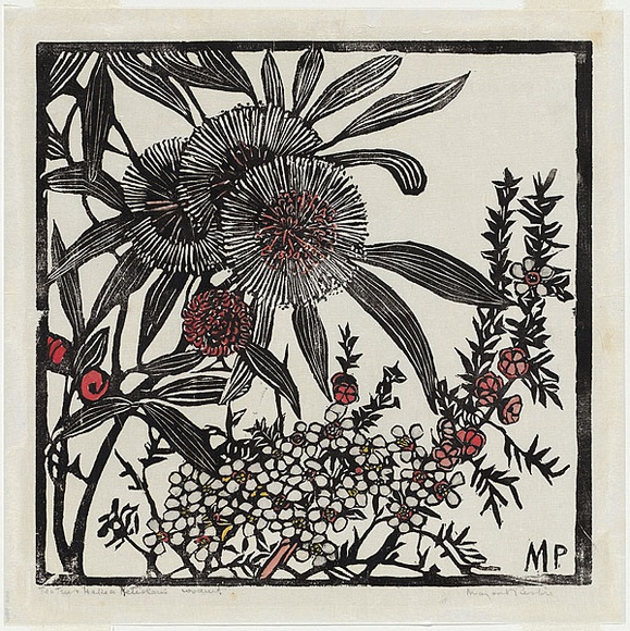 Artist: b'PRESTON, Margaret' | Title: b'Tea-tree and Hakea petiolaris' | Date: 1936 | Technique: b'woodcut, printed in black ink, from one block; hand-coloured' | Copyright: b'\xc2\xa9 Margaret Preston. Licensed by VISCOPY, Australia'