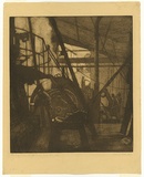 Artist: b'TRAILL, Jessie' | Title: b'Testing the new turbine, Red Cliffs pumps, August 1922.' | Date: 1923 | Technique: b'etching and aquatint, printed in brown ink with plate-tone and wiped highlights, from one plate'