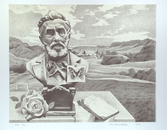 Artist: b'Wadelton, David.' | Title: b'not titled [bust with rose and book on table in a landscape]' | Date: 1999, September | Technique: b'lithograph, printed in colour, from two plates (black and cream tint)'