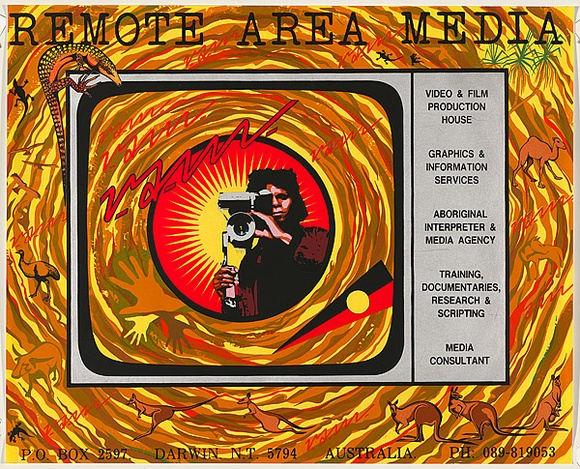 Artist: b'REDBACK GRAPHIX' | Title: b'Remote area media' | Date: 1984 | Technique: b'screenprint, printed in colour, from 10 stencils' | Copyright: b'\xc2\xa9 Raymond John Young'