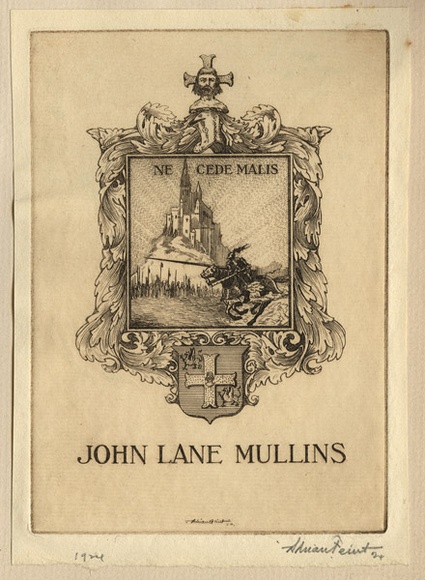 Artist: b'FEINT, Adrian' | Title: b'Bookplate: John Lane Mullins.' | Date: 1924 | Technique: b'etching, printed in brown ink with plate-tone, from one plate' | Copyright: b'Courtesy the Estate of Adrian Feint'