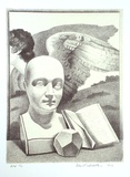 Artist: b'Wadelton, David.' | Title: b'not titled [sculptural bust and book with faceless winged figure]' | Date: 1999, September | Technique: b'lithograph, printed in colour, from two stones'