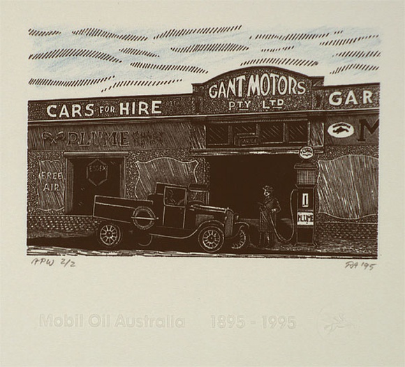 Artist: b'Atkins, Ros.' | Title: b'Garage' | Date: 1995, August | Technique: b'wood-engraving and lithograph, printed in black and blue ink, from one plate and one stone'