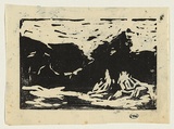 Artist: b'WILLIAMS, Fred' | Title: b'English landscape' | Date: c.1954 | Technique: b'linocut, printed in black ink, from one block' | Copyright: b'\xc2\xa9 Fred Williams Estate'