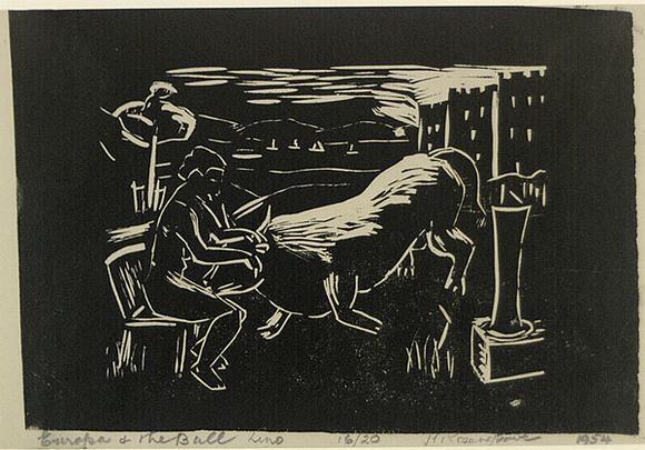 Artist: b'ROSENGRAVE, Harry' | Title: b'Europa and the bull' | Date: 1954 | Technique: b'linocut, printed in black ink, from one block'