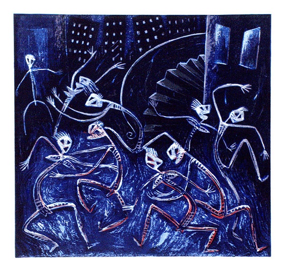 Artist: b'Casey, Karen.' | Title: b'Hot Fitzroy night' | Date: 1989 | Technique: b'linocut, printed in colour, from mutlitple blocks'