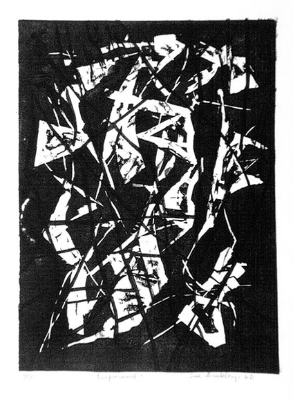 Artist: b'Buckley, Sue.' | Title: b'Imprisoned.' | Date: 1960 | Technique: b'linocut, printed in black ink, from one block' | Copyright: b'This work appears on screen courtesy of Sue Buckley and her sister Jean Hanrahan'