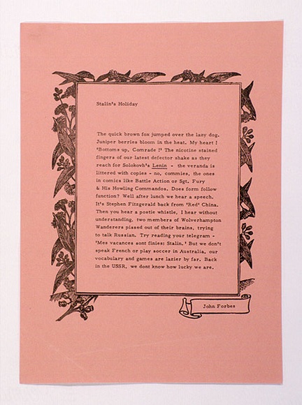 Artist: b'Forbes, John.' | Title: b'Stalin\'s holiday: a poem from the portfolio Rare birds with sticky wings.' | Date: c.1978 | Technique: b'photocopy'