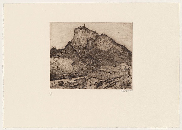 Artist: b'Rees, Lloyd.' | Title: b'A Tasmanian mountain' | Date: 1977 | Technique: b'softground-etching, printed in brown ink, from one zinc plate' | Copyright: b'\xc2\xa9 Alan and Jancis Rees'