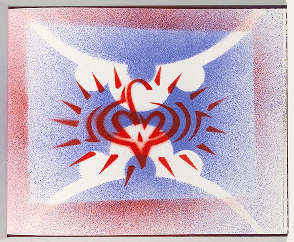 Title: b'Derailed' | Date: 2003 | Technique: b'stencil, printed in red and blue aerosol paint, from two stencils'