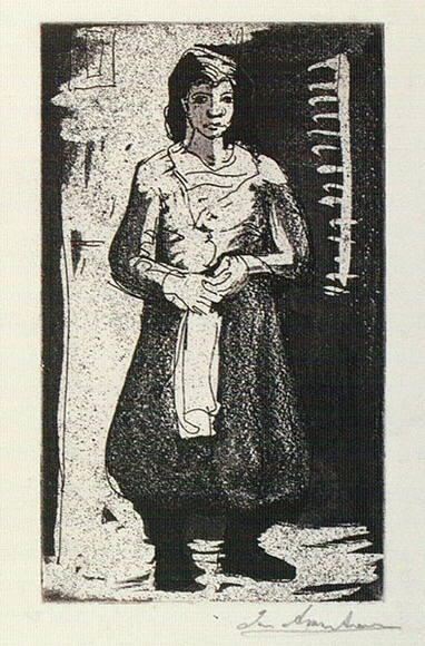Artist: b'Armstrong, Ian.' | Title: b'Housewife.' | Date: 1958 | Technique: b'etching and aquatint, printed in purple/black ink, from one plate'